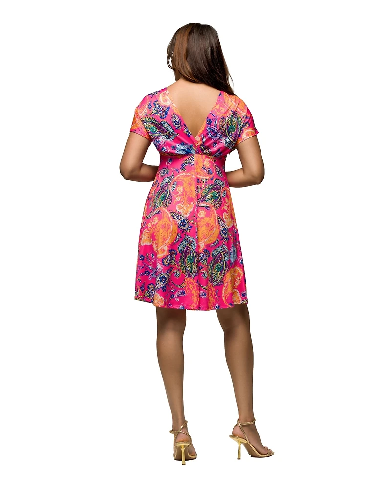 24seven Comfort Apparel Women's Pink Paisley V Neck Empire Waist Knee Length Dress