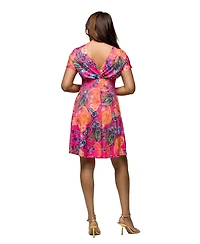 24seven Comfort Apparel Women's Pink Paisley V Neck Empire Waist Knee Length Dress