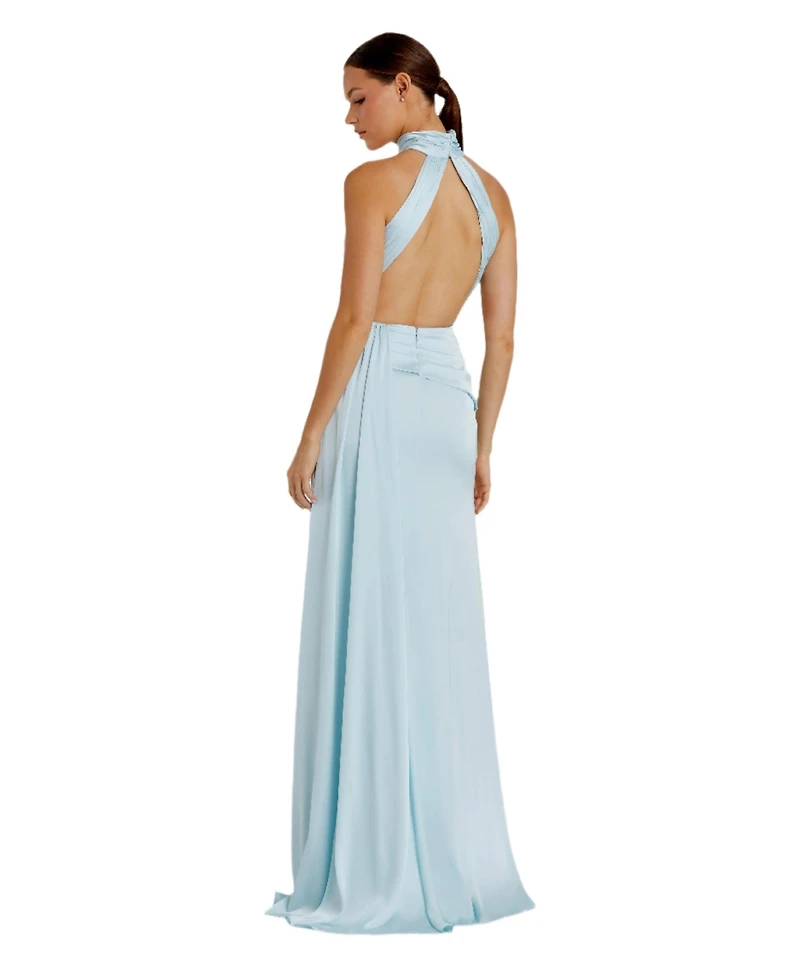 Mac Duggal Women's Open Back High Neck Side Ruched Gown