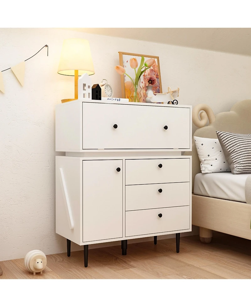 Robot-style Nightstand, Side table with three drawers and two doors, white wooden End table, Bedside table for bedrooms, living rooms, offices