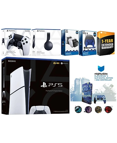 Sony Playstation 5 Slim Digital with Black Pulse Headset, Extra Edge Controller, Gamer Kit, Charge Dock and MightySkins Decal Voucher + 1 Year Cps Ext