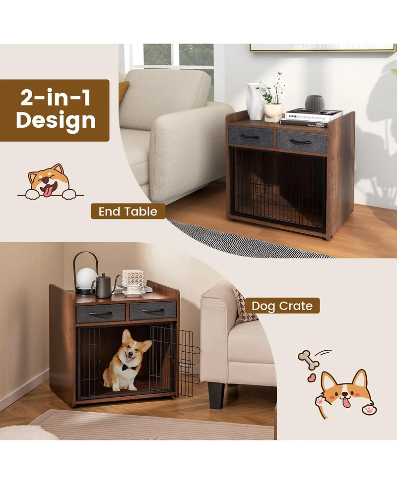 Indoor Dog Crate Furniture with 2 Fabric Drawers and End Table – Multi-Functional Pet Cage for Home Use