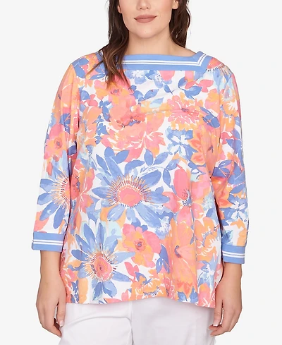 Ruby Rd. Plus Floral Striped Trim Top