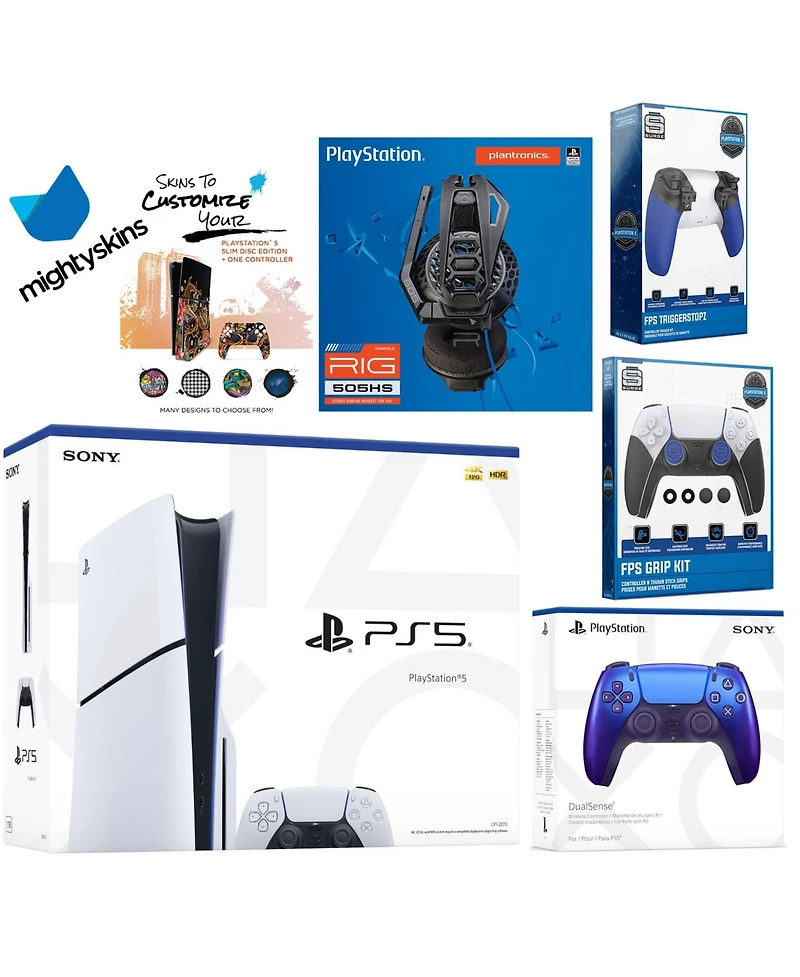 Sony Playstation 5 Slim Disc Bundle with Extra Controller, Plantronics Headset, Trigger Stop Kit, Fps Grip Kit and MightySkins Decal Voucher