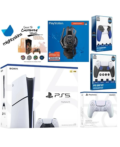 Sony Playstation 5 Slim Disc Bundle with Extra Controller, Plantronics Headset, Trigger Stop Kit, Fps Grip Kit and MightySkins Decal Voucher