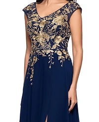 Betsy & Adam Women's Embroidered V-Neck Front-Slit Gown