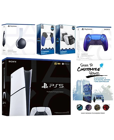 Sony Playstation 5 Slim Digital with White Pulse Headset, Extra Cosmic Red Controller, Trigger Stop Kit, Charge Dock and MightySkins Decal Voucher + 1