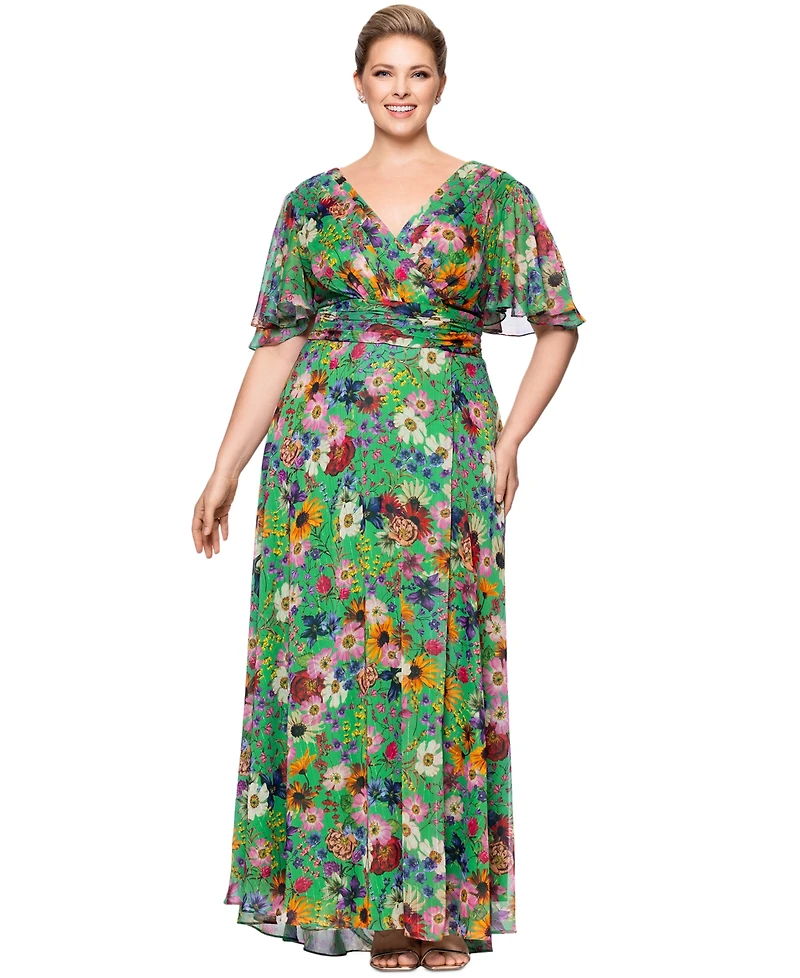 Betsy & Adam Plus Floral-Print Flutter-Sleeve A-Line Dress
