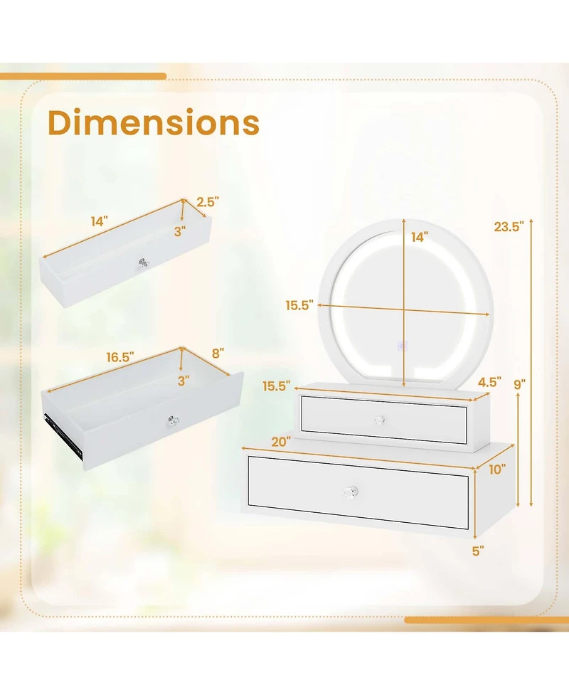 Vanity Mirror with 2 Slide-out Drawers 3 Lighting Modes & Adjustable Brightness