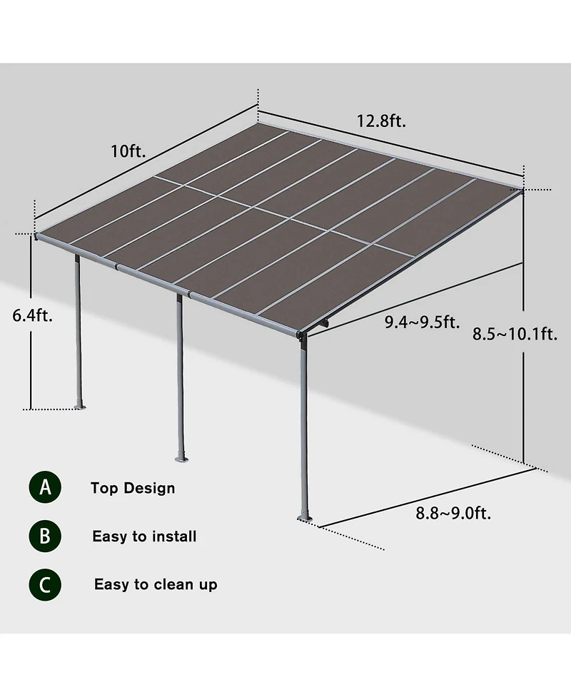 Aoodor 10' x 12.8' Wall Mount Gazebo Outdoor Pergola Polycarbonate Gazebo Panels Canopy