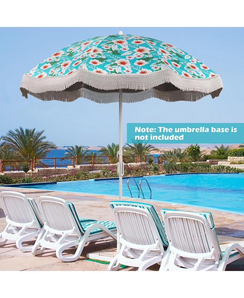 Beach Umbrella with Fringe Outdoor Tassel Push Button Tilt