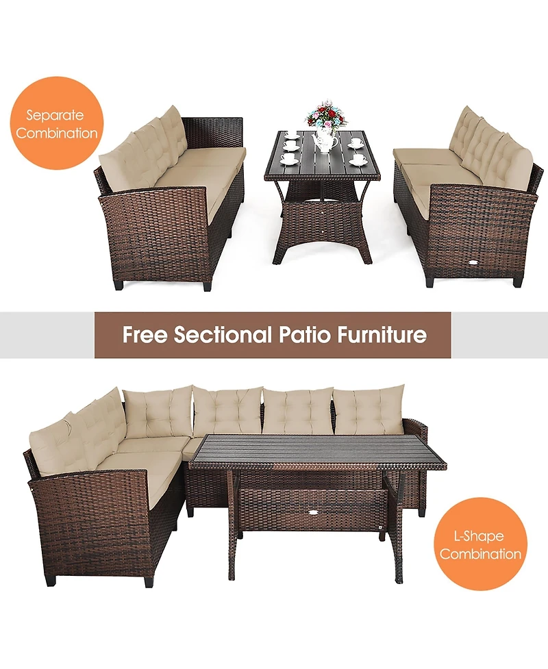3PCS Rattan Dining Set Patio Furniture 6 Seats Sofa Cushioned