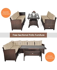 3PCS Rattan Dining Set Patio Furniture 6 Seats Sofa Cushioned