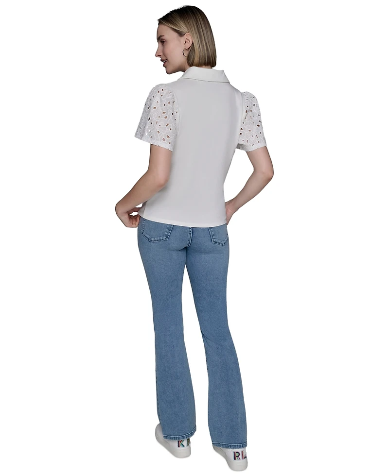 Karl Lagerfeld Paris Women's Mixed-Media Eyelet Knit Top