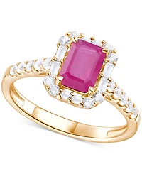 Emerald (1 ct. t.w.) & Diamond (3/8 Round Baguette Halo Ring 14k Gold (Also Ruby Sapphire)