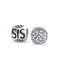 Bling Jewelry Set of 2 Sis and Heart Flower Filigree Round Bouquet Barrel Charm Bead Silver