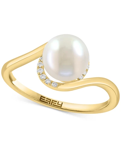 Effy Cultured Freshwater Pearl (7-1/2mm) & Diamond (1/20 ct. t.w.) Swirl Ring in 14k Yellow Gold