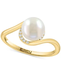 Effy Cultured Freshwater Pearl (7-1/2mm) & Diamond (1/20 ct. t.w.) Swirl Ring in 14k Yellow Gold