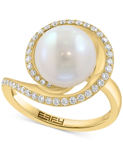 Effy Cultured Freshwater Pearl (10mm) & Diamond (1/4 ct. t.w.) Swirl Statement Ring in 14k Yellow Gold