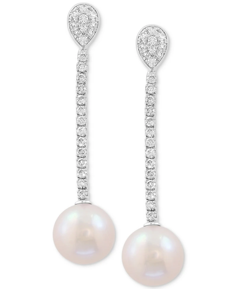 Effy Cultured Freshwater Pearl (8mm) & Diamond (3/8 ct. t.w.) Linear Drop Earrings in 14k White Gold
