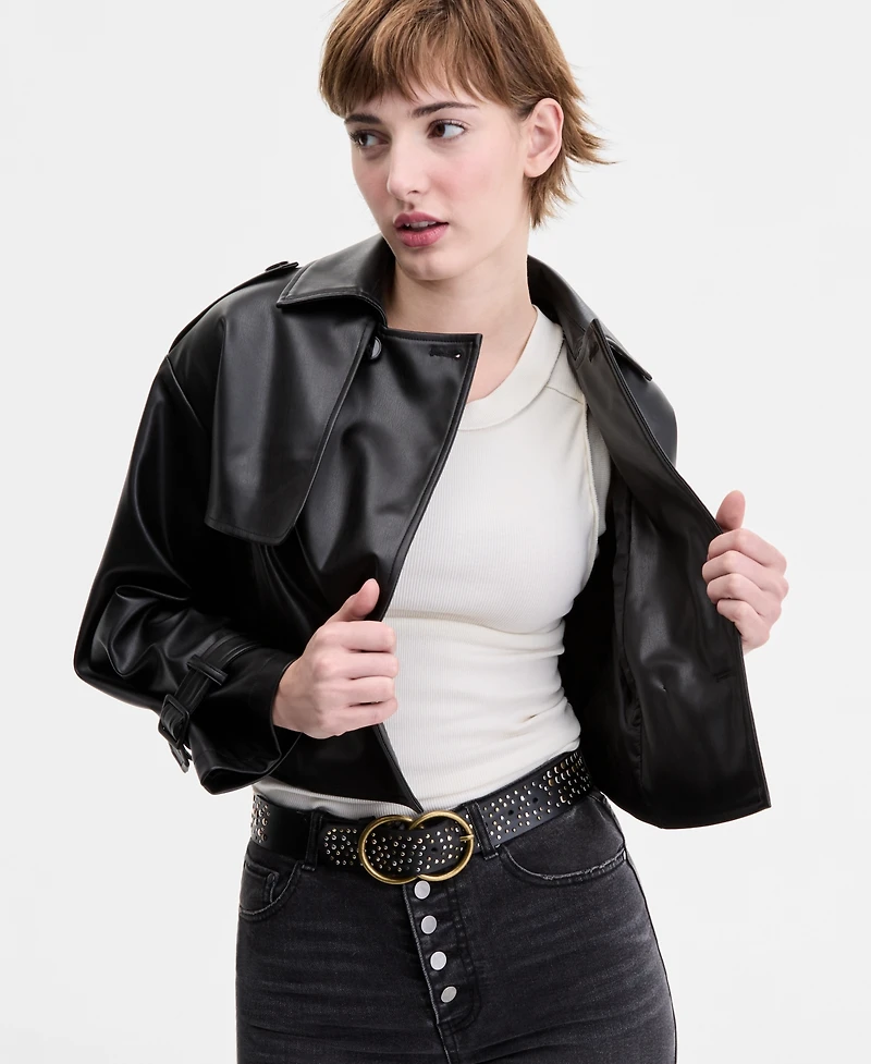 CoffeeShop Juniors' Cropped Faux-Leather Belted Trench Coat
