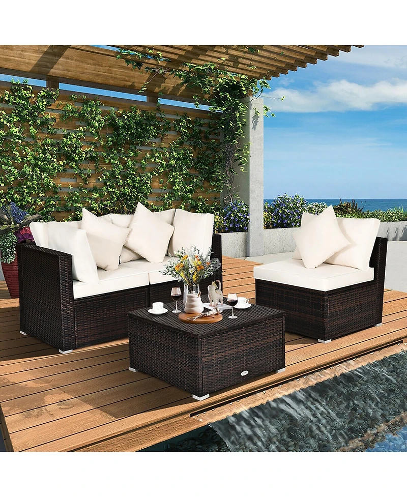 4PCS Patio Rattan Wicker Sofa Furniture Set Cushioned Conversation Ottoman Set