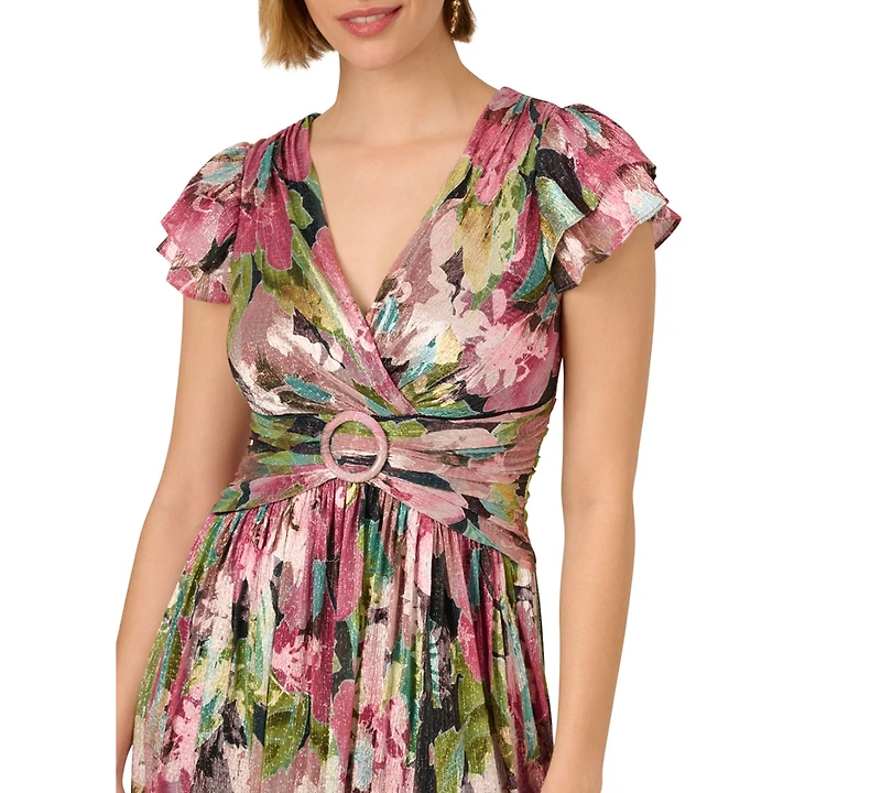 Adrianna Papell Women's Floral Metallic Crinkle Gown