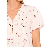 CeCe Women's Printed Eyelet Cotton Bubble Sleeve Blouse