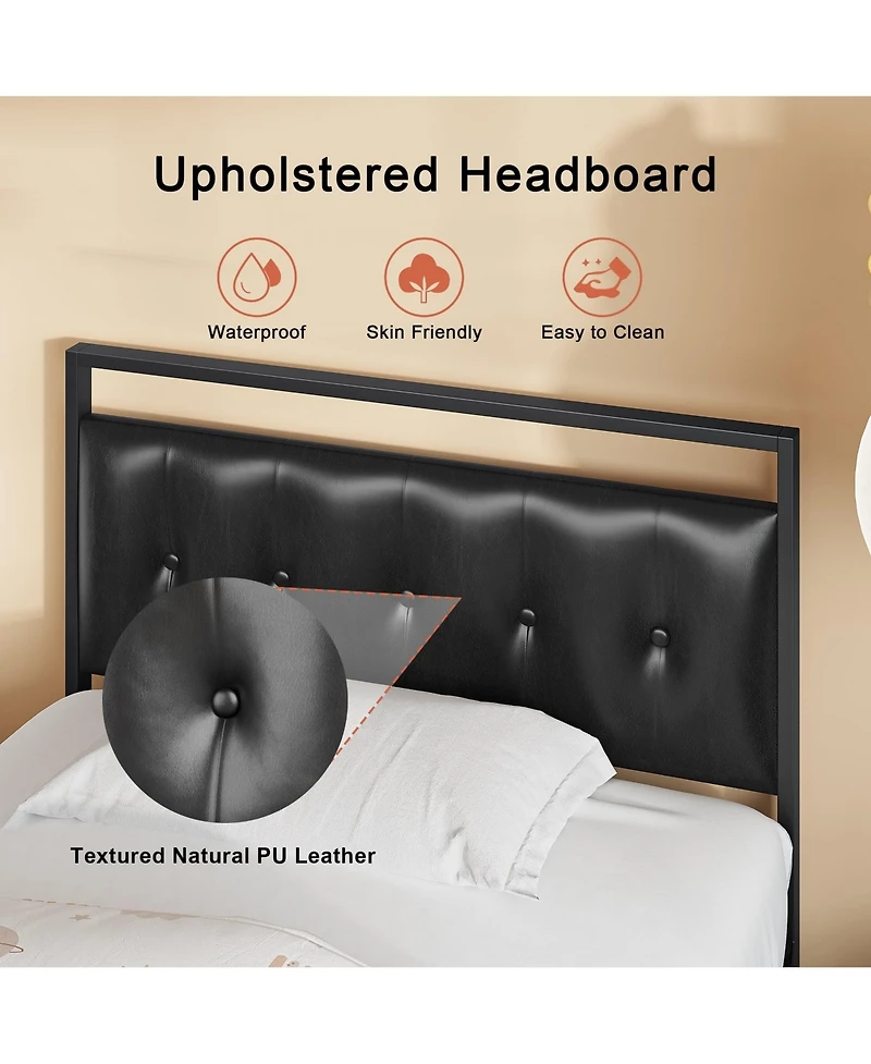 Hausource Twin Size Upholstered Bed Frame with Pu Leather Headboard