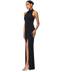 Xscape Petite Ruffled Halter Mock Neck Cutout-Back Gown