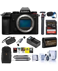 Panasonic Lumix Dc-S5 Mirrorless Camera, Black, Bundle with Backpack, 64GB Memory Card, Mt-11 Tripod, Dmw-BLK22 Battery, Charger Base, Charger Plate,