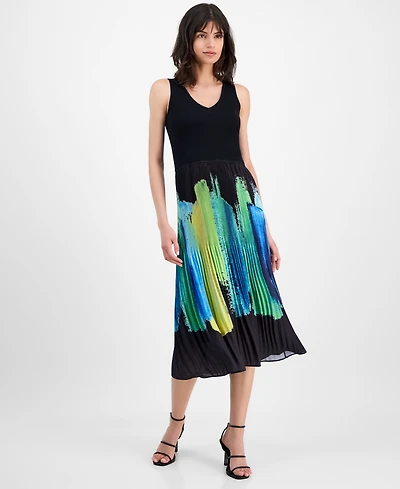 T Tahari Women's Pleated Brushstroke-Print Dress