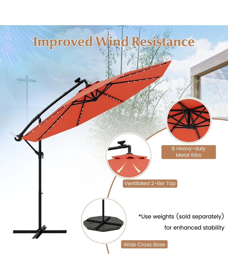 Gymax 10 ft Patio Offset Umbrella w/ Solar Lights Deck Umbrella w/ Easy Tilt Adjustment