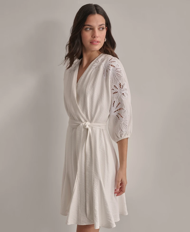Dkny Women's V-neck Embroidered-trim Belted Dress
