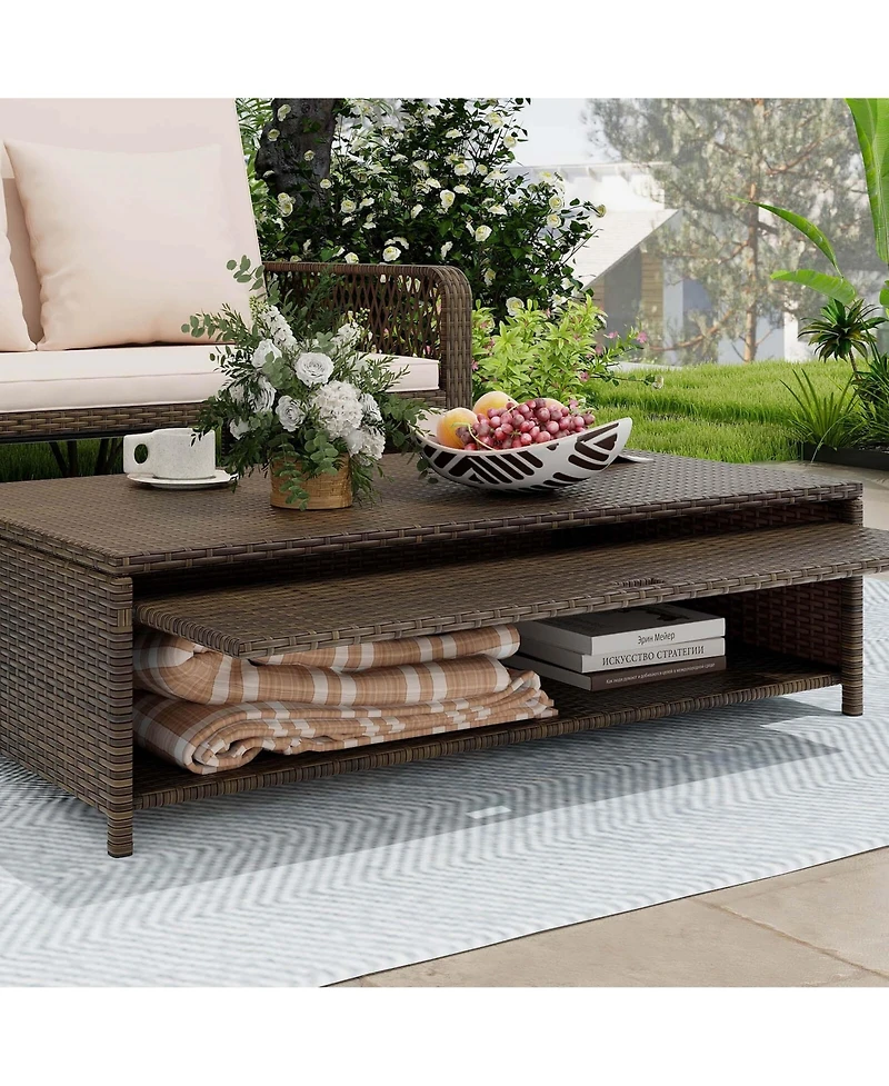 Patio Rattan Daybed Wicker Loveseat Sofa with Multifunctional Ottoman