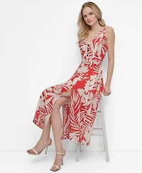 Dkny Women's Printed V-neck Belted Sleeveless Dress