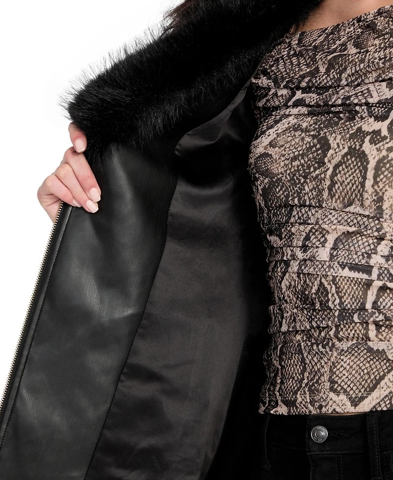 Guess Women's Quilted Faux-Fur-Collar Faux-Leather Jacket