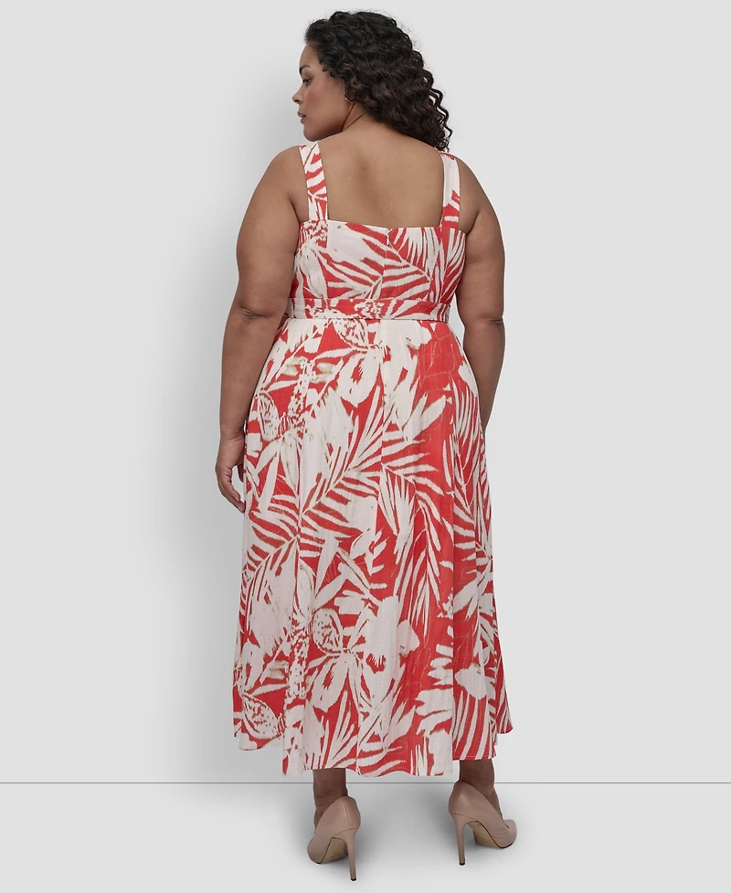 Dkny Plus Printed V-Neck Belted Sleeveless Dress