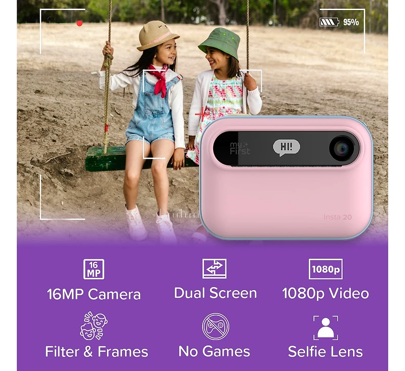 New myFirst Camera Insta 20 (Cotton Candy) Kids Instant Print Digital Camera with 16MP Photo, 1080P Video, Selfie Lens, Thermal Ink-Free Printing, Sup