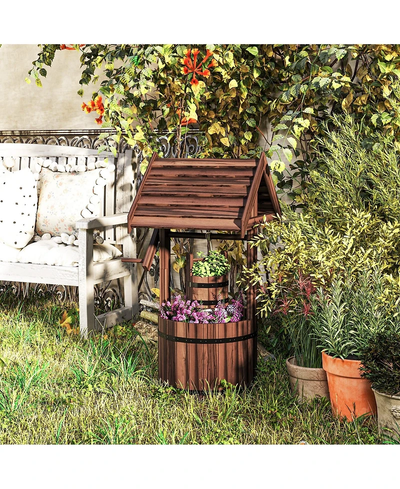 Outsunny Wishing Well Planter with Bucket, Wooden Wishing Well