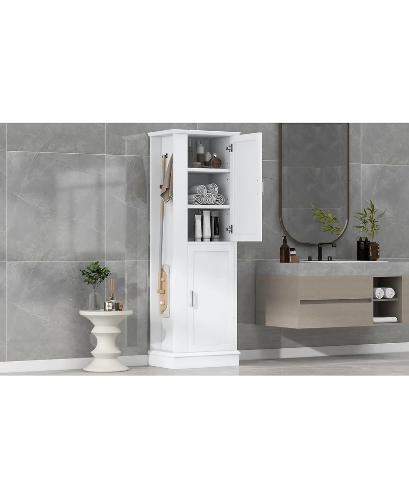 Tall Bathroom Storage Cabinet, Freestanding Storage Cabinet with Hook and Adjustable Shelf, Mdf Board, White