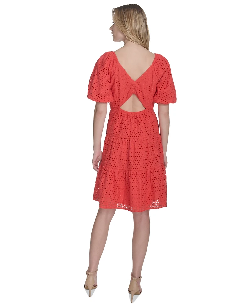Vince Camuto Women's V-Neck Short-Puff-Sleeve Eyelet Dress