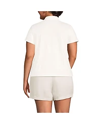 Lands' End Women's Plus Linen Blend Short Sleeve Button Front Polo Top