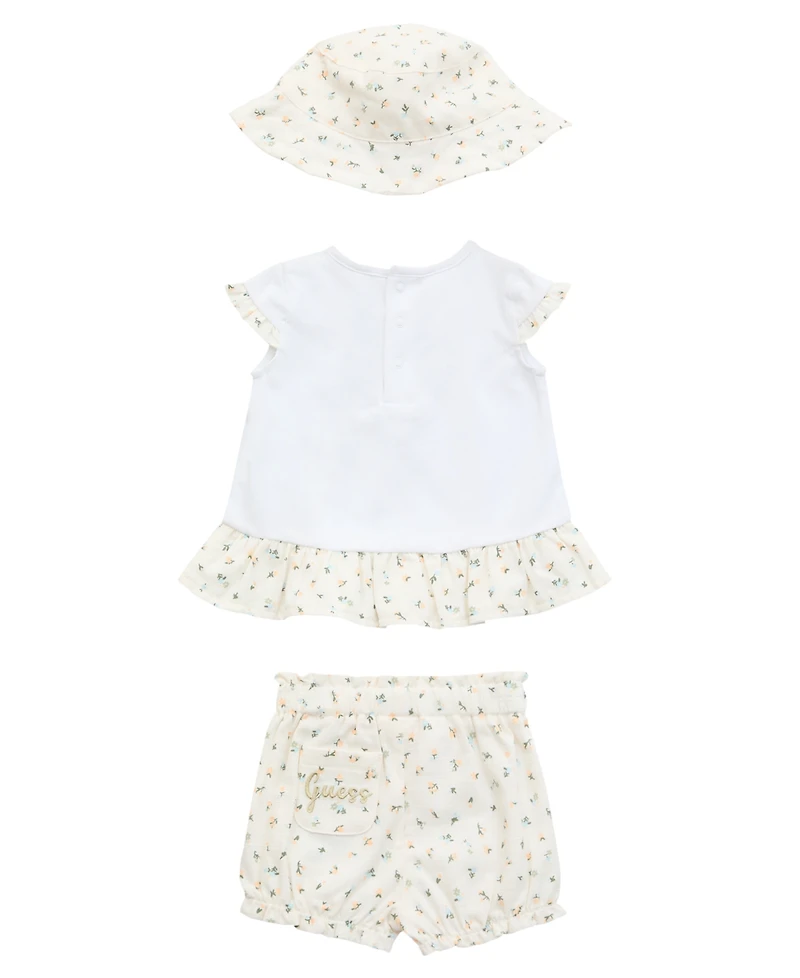 Guess Baby Girls 3-Piece Short Sleeve T-Shirt, Shorts, and Bucket Hat Set