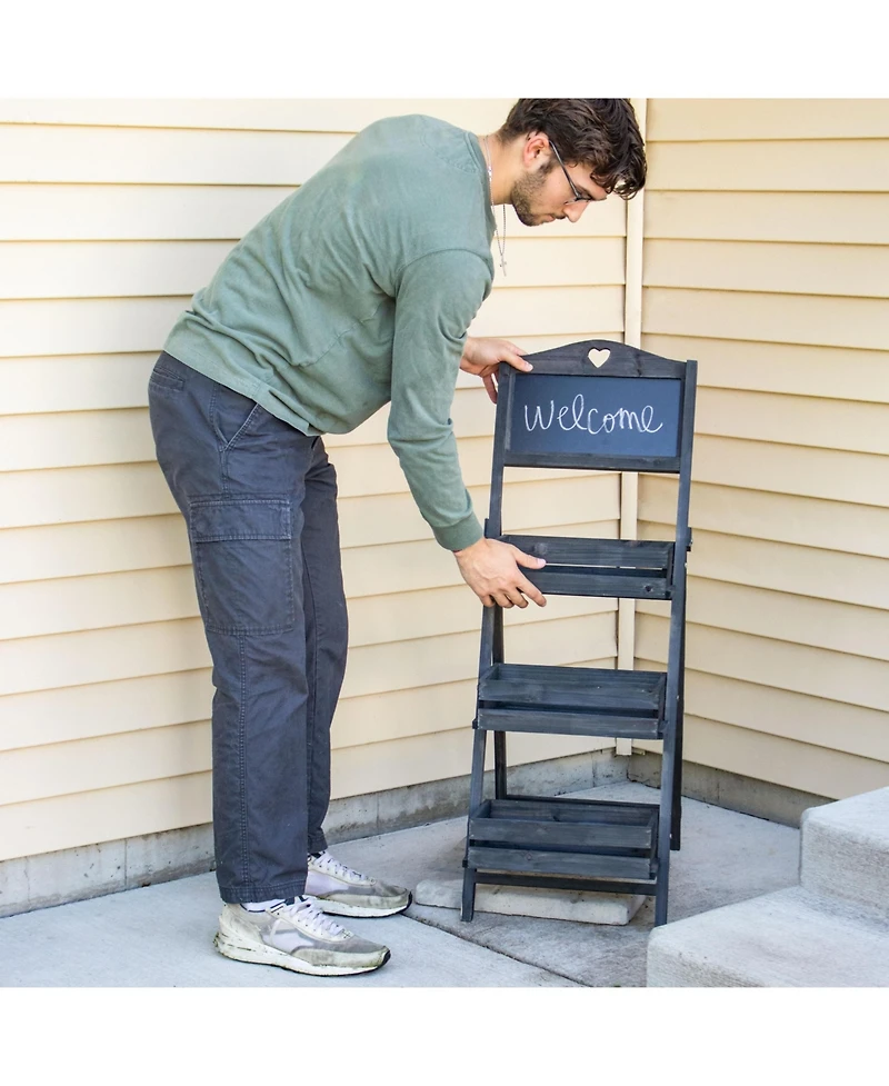 Country Heart Ladder Plant Stand with Chalkboard - 41” H - Black