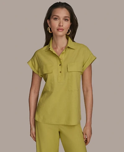 Donna Karan New York Women's Short Sleeve Linen-Blend Collared Shirt