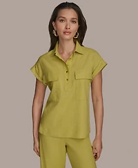 Donna Karan New York Women's Short Sleeve Linen-Blend Collared Shirt