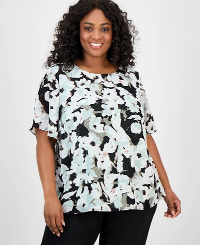 Kasper Plus Floral-Print Clip-Dot Shirt
