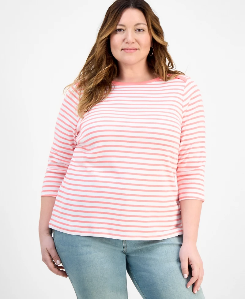 Style & Co Plus Stripe Pima Cotton 3/4-Sleeve Top, Exclusively at Macy's