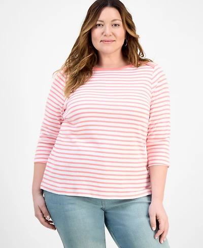 Style & Co Plus Stripe Pima Cotton 3/4-Sleeve Top, Exclusively at Macy's
